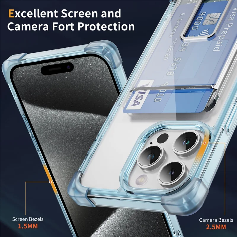 For iPhone 15 Pro Max Case Reinforced Corners TPU + Acrylic Phone Cover with Kickstand Card Holder - Transparent Blue