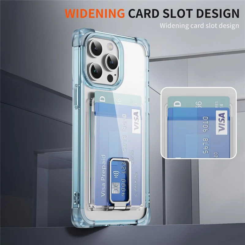 For iPhone 15 Pro Max Case Reinforced Corners TPU + Acrylic Phone Cover with Kickstand Card Holder - Transparent Blue