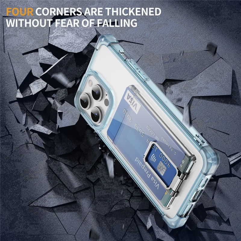 For iPhone 15 Pro Max Case Reinforced Corners TPU + Acrylic Phone Cover with Kickstand Card Holder - Transparent Blue