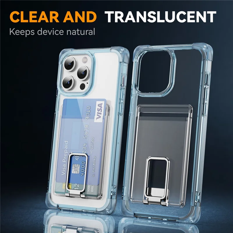 For iPhone 15 Pro Max Case Reinforced Corners TPU + Acrylic Phone Cover with Kickstand Card Holder - Transparent Blue