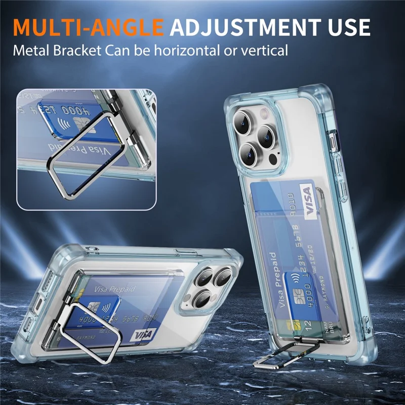 For iPhone 15 Pro Max Case Reinforced Corners TPU + Acrylic Phone Cover with Kickstand Card Holder - Transparent Blue