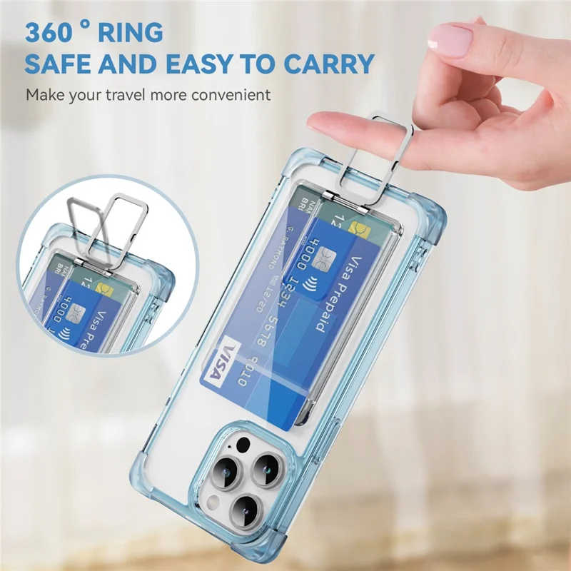 For iPhone 15 Pro Max Case Reinforced Corners TPU + Acrylic Phone Cover with Kickstand Card Holder - Transparent Blue