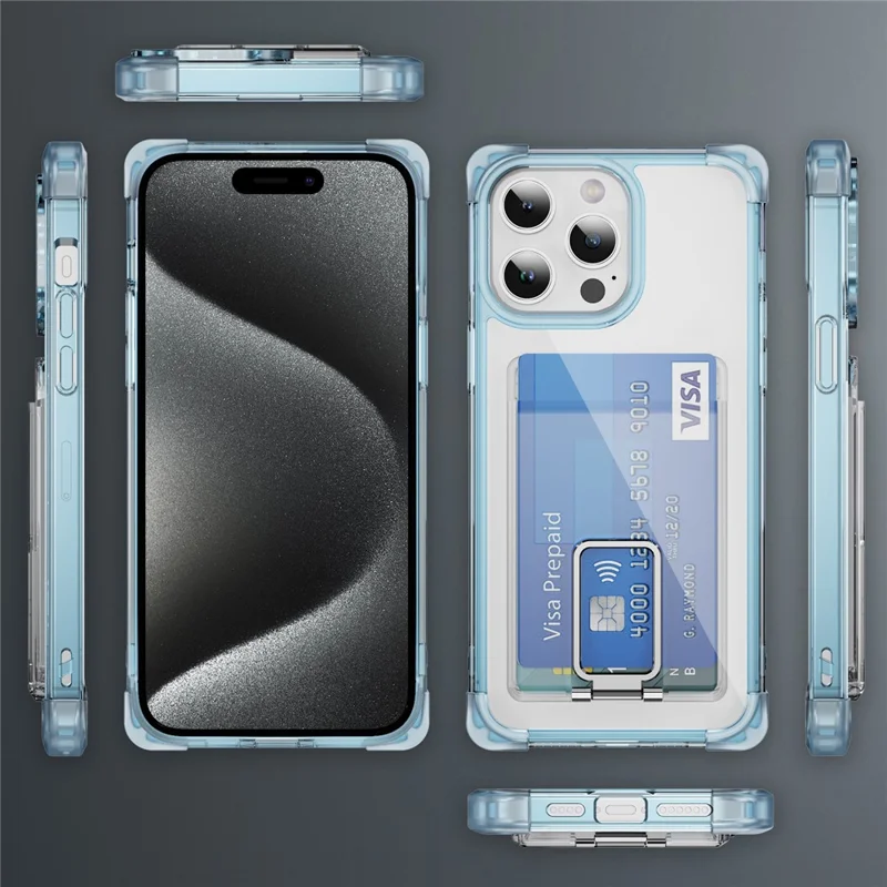 For iPhone 15 Pro Max Case Reinforced Corners TPU + Acrylic Phone Cover with Kickstand Card Holder - Transparent Blue