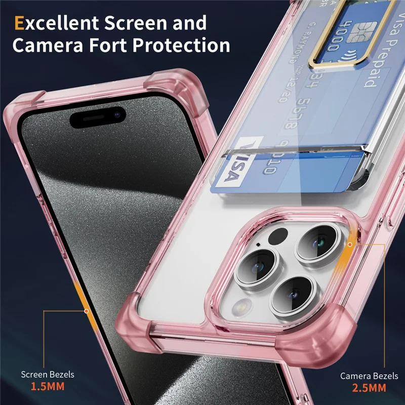 For iPhone 15 Pro Case Reinforced Corners TPU + Acrylic Phone Cover with Kickstand Card Holder - Transparent Pink
