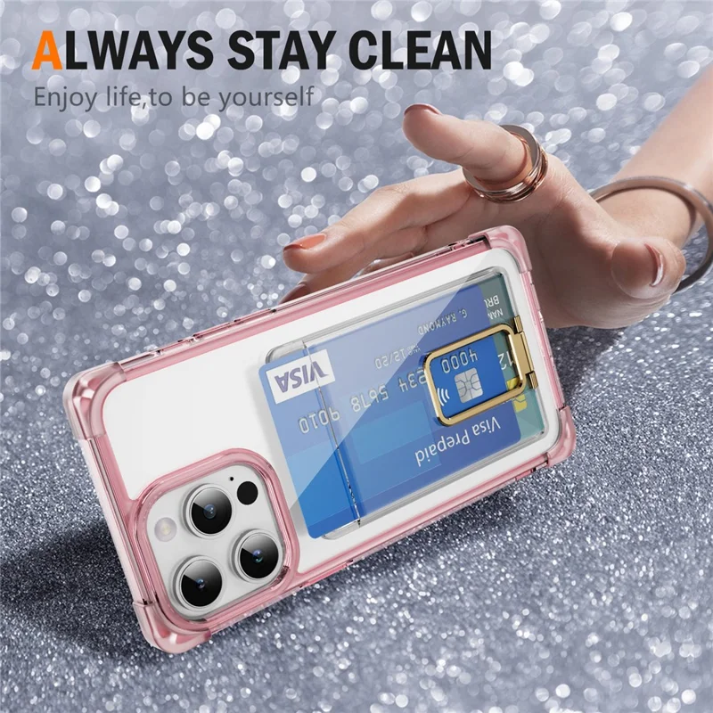 For iPhone 15 Pro Case Reinforced Corners TPU + Acrylic Phone Cover with Kickstand Card Holder - Transparent Pink