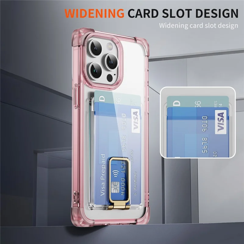 For iPhone 15 Pro Case Reinforced Corners TPU + Acrylic Phone Cover with Kickstand Card Holder - Transparent Pink