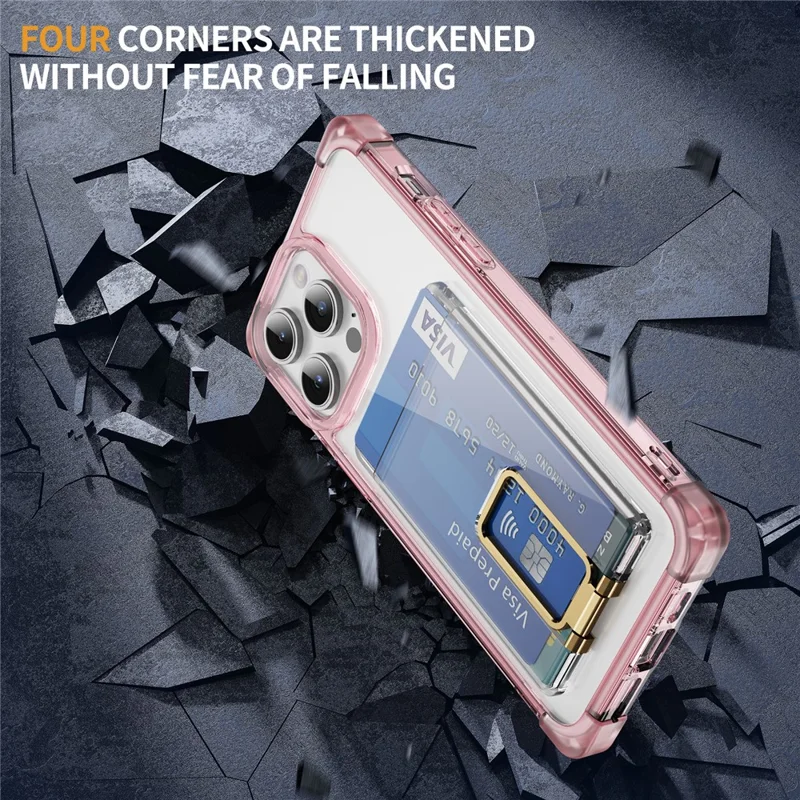 For iPhone 15 Pro Case Reinforced Corners TPU + Acrylic Phone Cover with Kickstand Card Holder - Transparent Pink