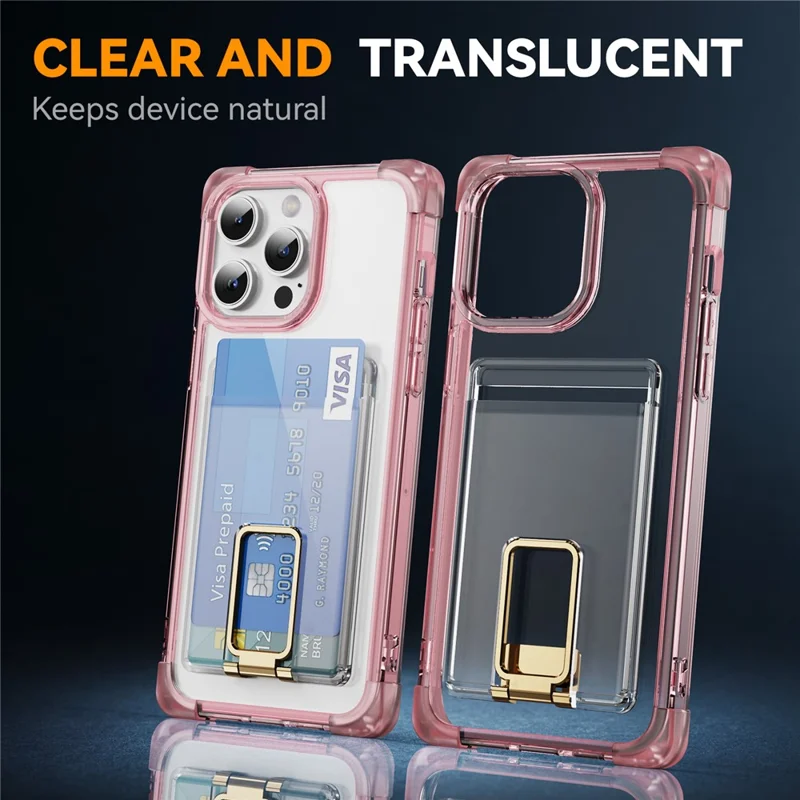 For iPhone 15 Pro Case Reinforced Corners TPU + Acrylic Phone Cover with Kickstand Card Holder - Transparent Pink