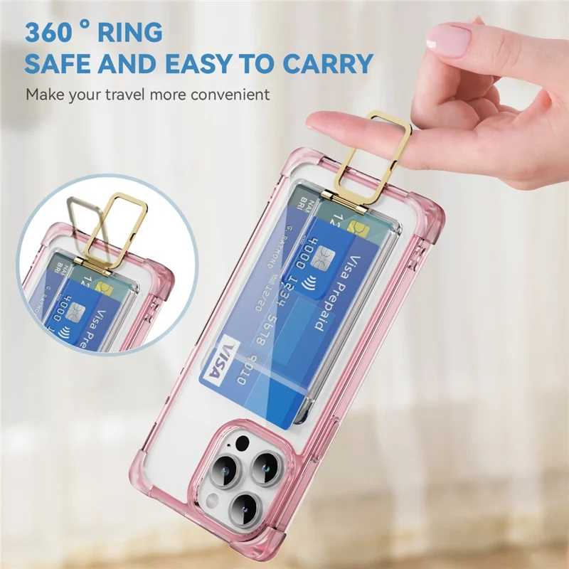 For iPhone 15 Pro Case Reinforced Corners TPU + Acrylic Phone Cover with Kickstand Card Holder - Transparent Pink