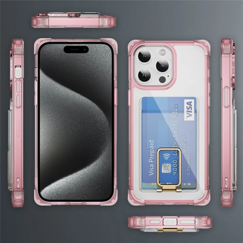 For iPhone 15 Pro Case Reinforced Corners TPU + Acrylic Phone Cover with Kickstand Card Holder - Transparent Pink