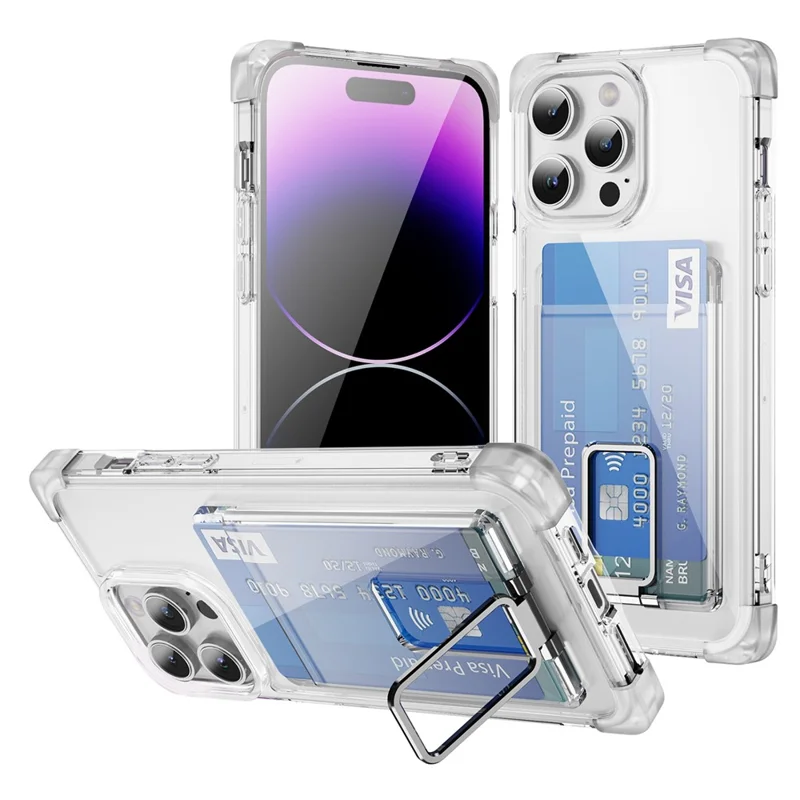 For iPhone 14 Pro Max Case Reinforced Corners TPU + Acrylic Phone Cover with Kickstand Card Holder - Transparent