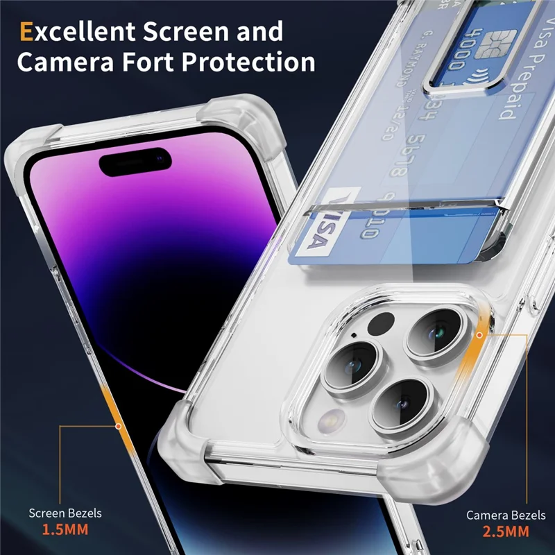 For iPhone 14 Pro Max Case Reinforced Corners TPU + Acrylic Phone Cover with Kickstand Card Holder - Transparent