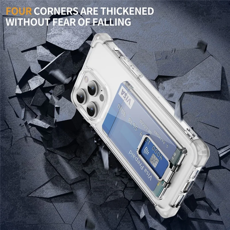 For iPhone 14 Pro Max Case Reinforced Corners TPU + Acrylic Phone Cover with Kickstand Card Holder - Transparent
