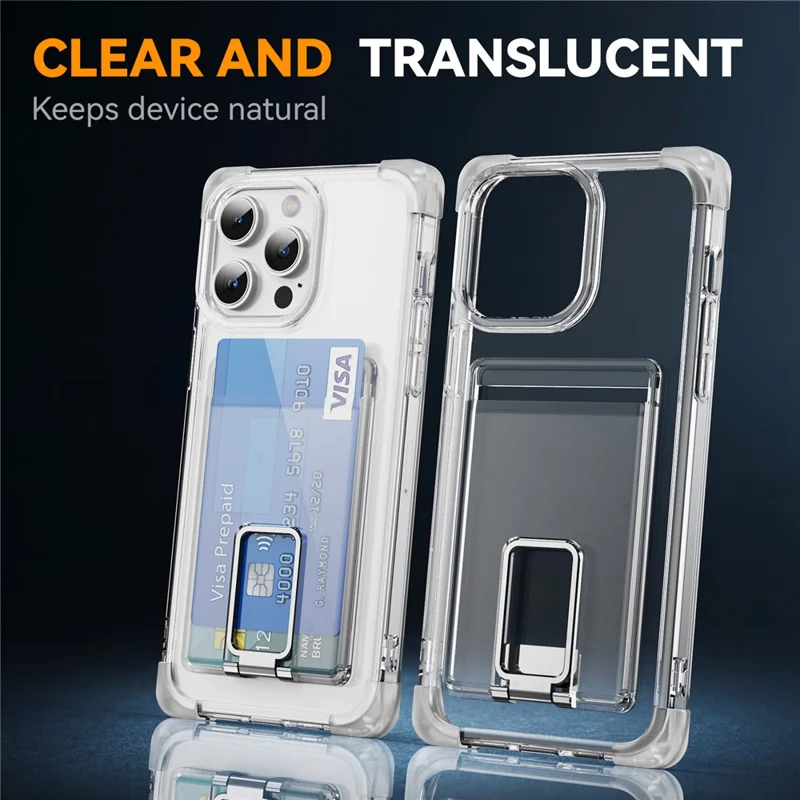For iPhone 14 Pro Max Case Reinforced Corners TPU + Acrylic Phone Cover with Kickstand Card Holder - Transparent