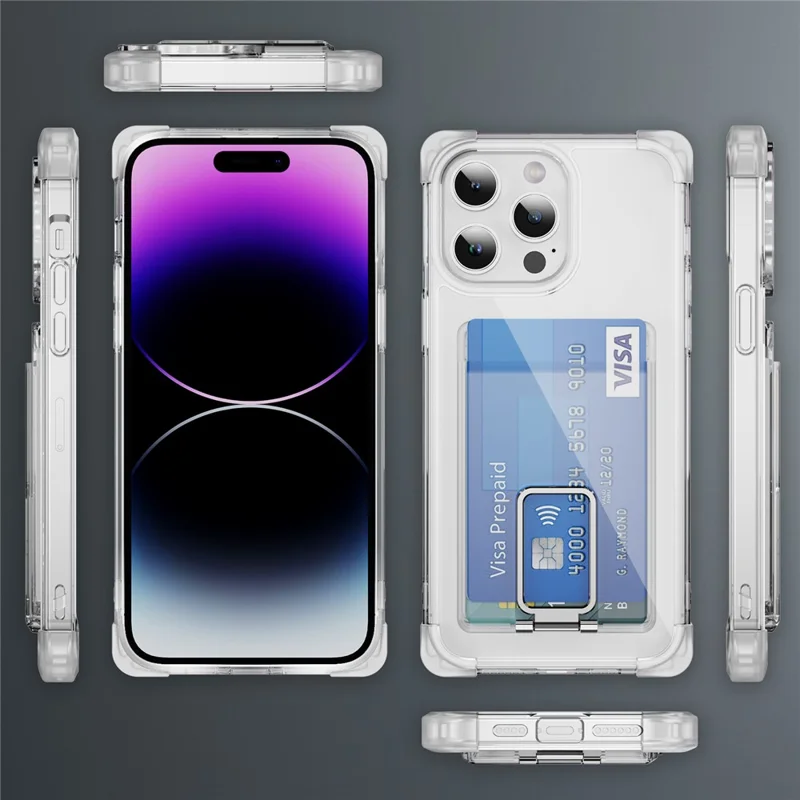 For iPhone 14 Pro Max Case Reinforced Corners TPU + Acrylic Phone Cover with Kickstand Card Holder - Transparent