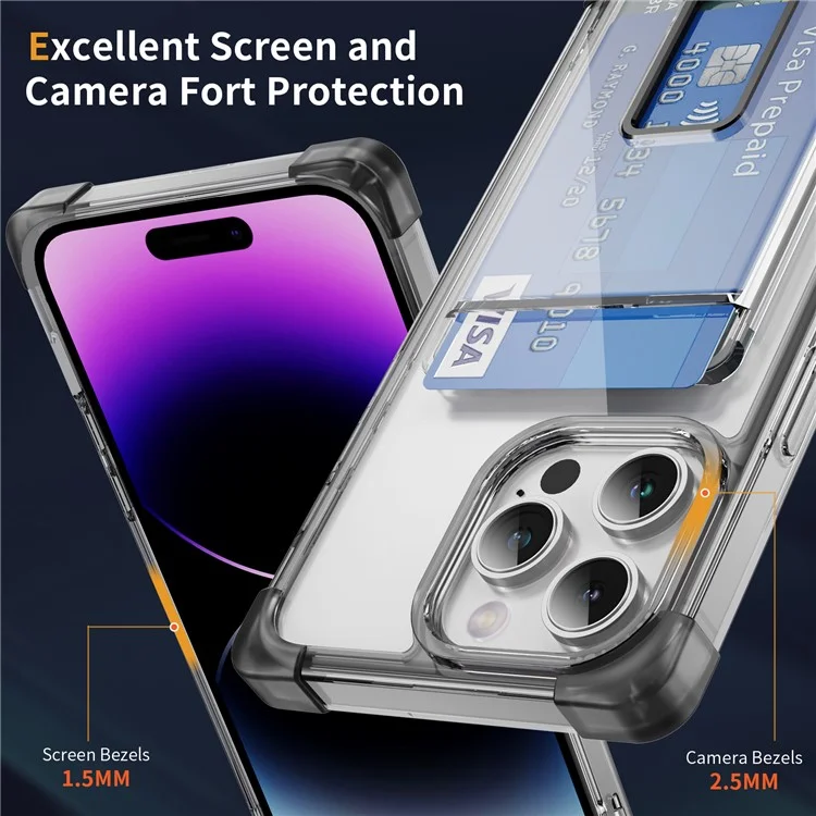 For iPhone 14 Pro Case Reinforced Corners TPU + Acrylic Phone Cover with Kickstand Card Holder - Transparent Black
