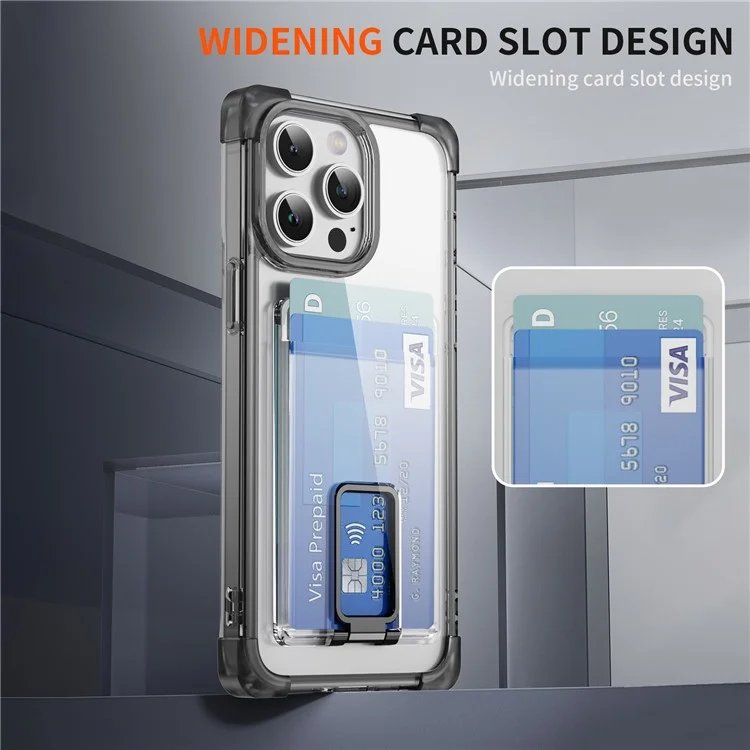 For iPhone 14 Pro Case Reinforced Corners TPU + Acrylic Phone Cover with Kickstand Card Holder - Transparent Black