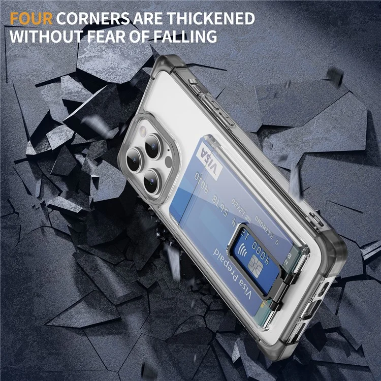 For iPhone 14 Pro Case Reinforced Corners TPU + Acrylic Phone Cover with Kickstand Card Holder - Transparent Black