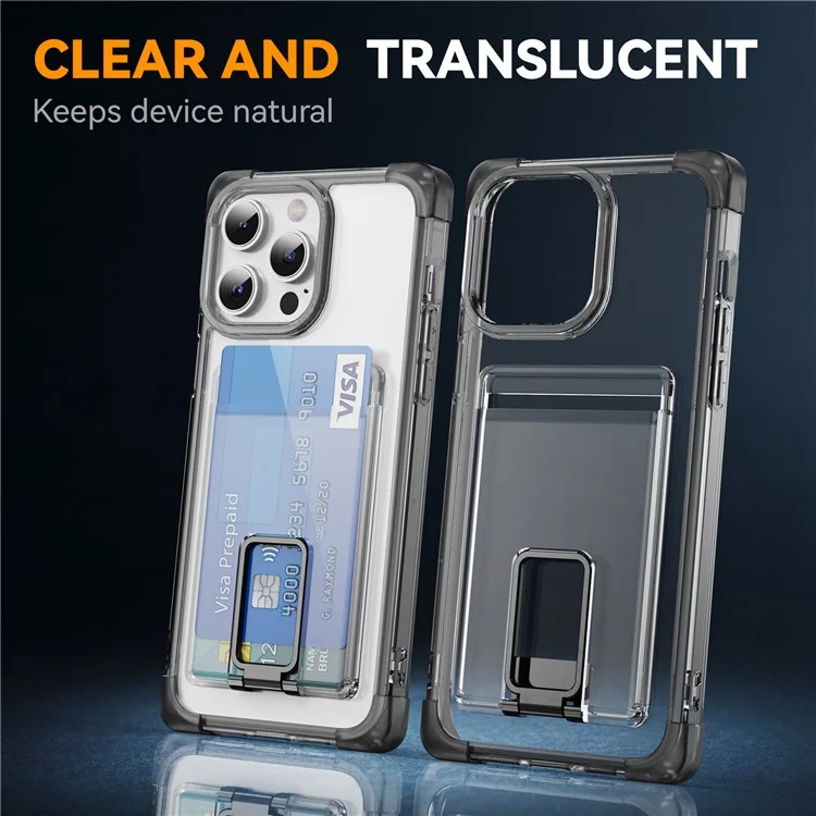 For iPhone 14 Pro Case Reinforced Corners TPU + Acrylic Phone Cover with Kickstand Card Holder - Transparent Black