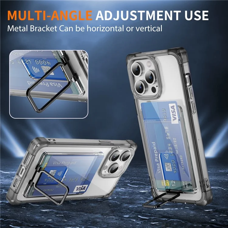 For iPhone 14 Pro Case Reinforced Corners TPU + Acrylic Phone Cover with Kickstand Card Holder - Transparent Black