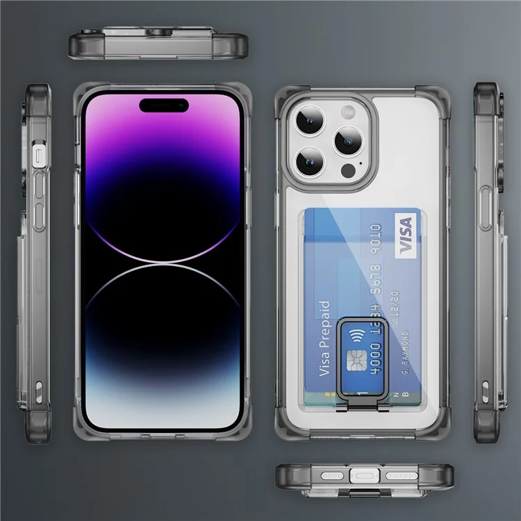 For iPhone 14 Pro Case Reinforced Corners TPU + Acrylic Phone Cover with Kickstand Card Holder - Transparent Black