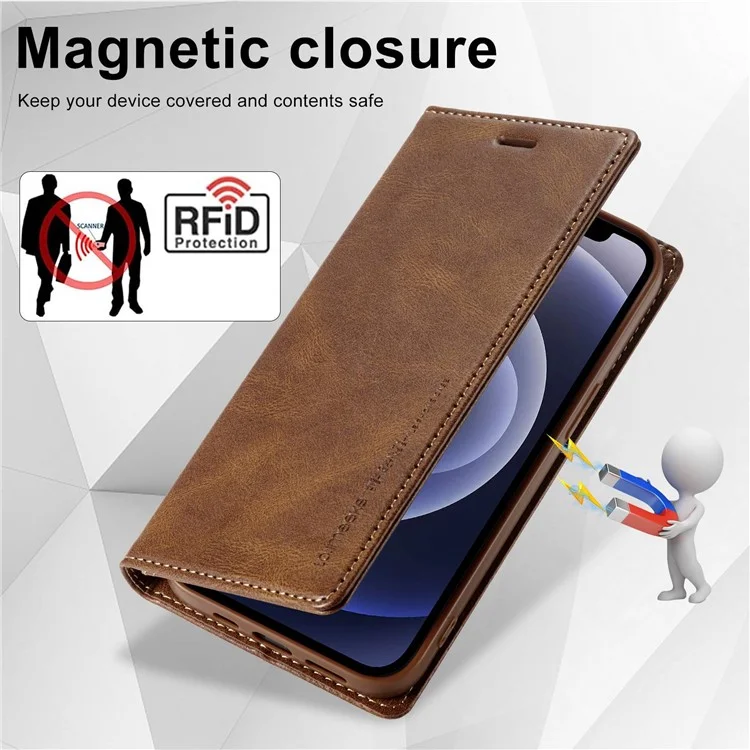 Lc. Case de Teléfono de Cierre Automático Magnético Imeeke Para Iphone 12 Mini 5.4 Pulgadas, Bloqueo a Prueba de Golpes RFID PU Cuero Para la Billetera de la Billetera de la Billetera - Marrón