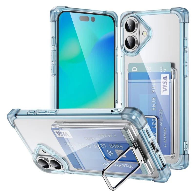 Custodia per iPhone 16 Plus con angoli rinforzati, cover in TPU + acrilico con supporto e porta card - Blu trasparente