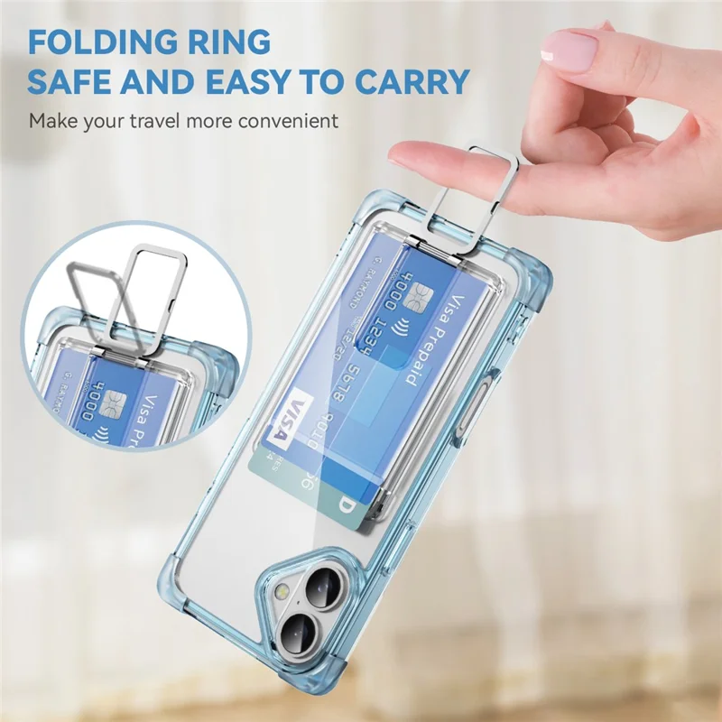 Custodia per iPhone 16 Plus con angoli rinforzati, cover in TPU + acrilico con supporto e porta card - Blu trasparente