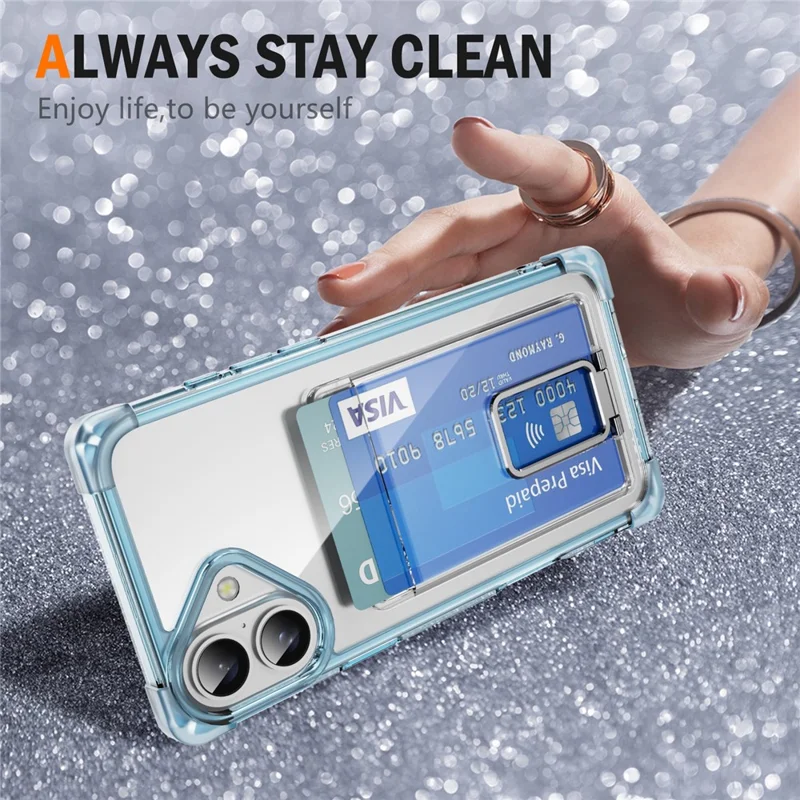 Custodia per iPhone 16 Plus con angoli rinforzati, cover in TPU + acrilico con supporto e porta card - Blu trasparente