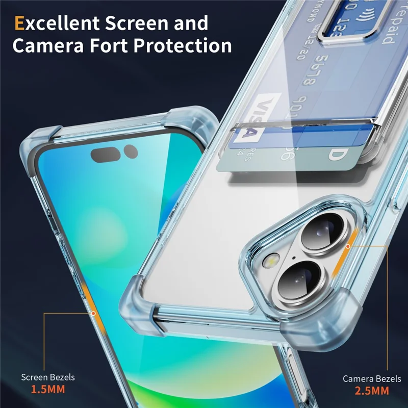 Custodia per iPhone 16 Plus con angoli rinforzati, cover in TPU + acrilico con supporto e porta card - Blu trasparente