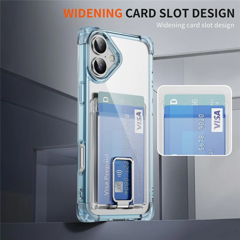 Custodia per iPhone 16 Plus con angoli rinforzati, cover in TPU + acrilico con supporto e porta card - Blu trasparente