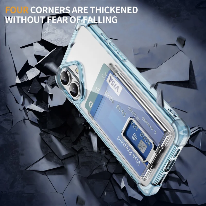 Custodia per iPhone 16 Plus con angoli rinforzati, cover in TPU + acrilico con supporto e porta card - Blu trasparente