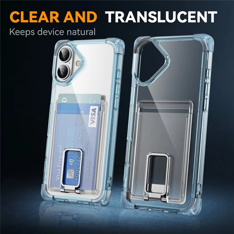 Custodia per iPhone 16 Plus con angoli rinforzati, cover in TPU + acrilico con supporto e porta card - Blu trasparente