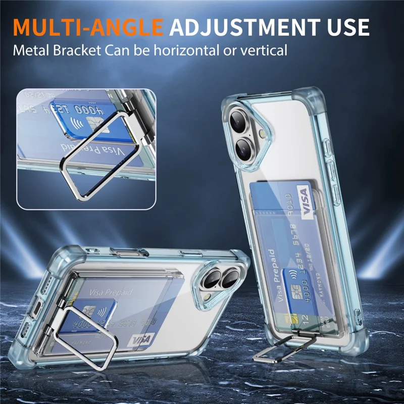 Custodia per iPhone 16 Plus con angoli rinforzati, cover in TPU + acrilico con supporto e porta card - Blu trasparente