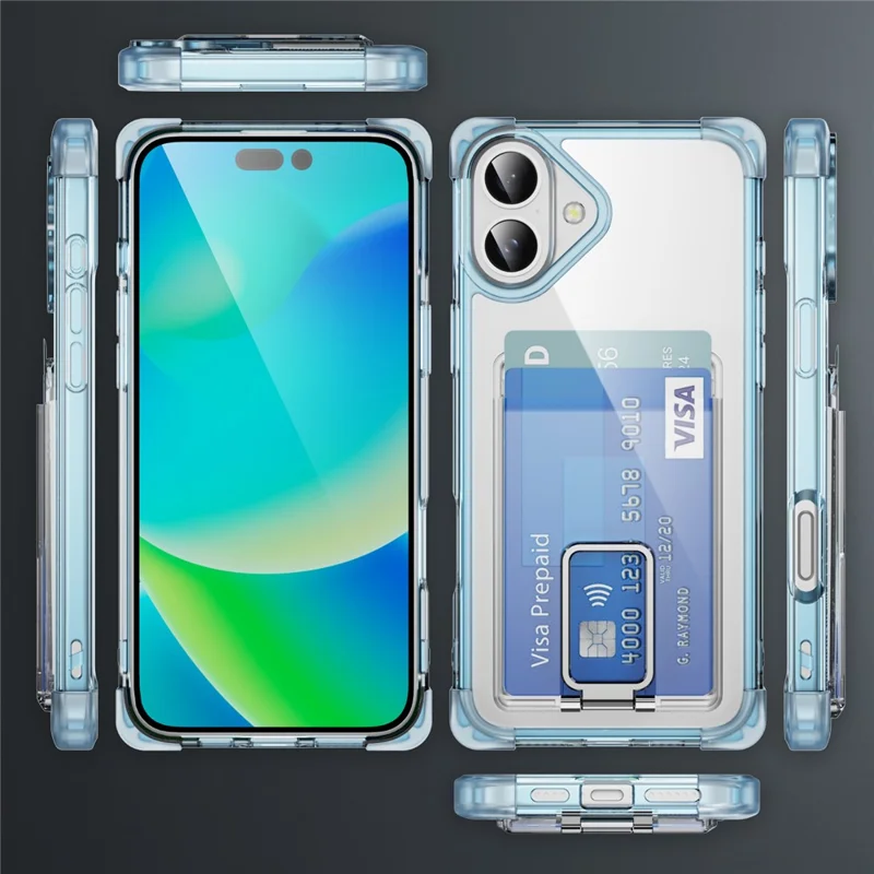 Custodia per iPhone 16 Plus con angoli rinforzati, cover in TPU + acrilico con supporto e porta card - Blu trasparente