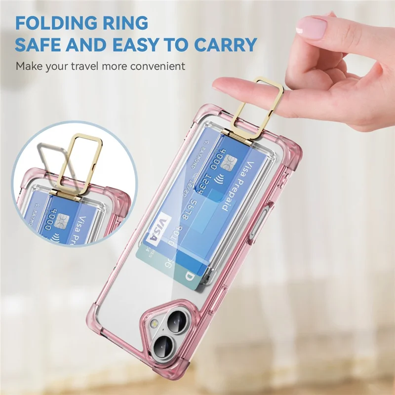 For iPhone 16 Plus Case Reinforced Corners TPU + Acrylic Phone Cover with Kickstand Card Holder - Transparent Pink