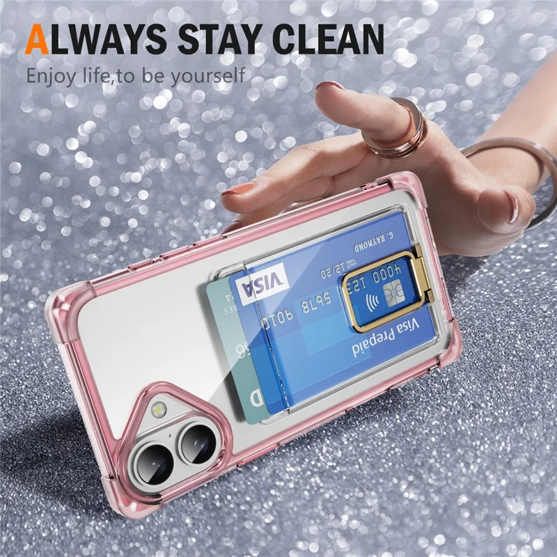 For iPhone 16 Plus Case Reinforced Corners TPU + Acrylic Phone Cover with Kickstand Card Holder - Transparent Pink