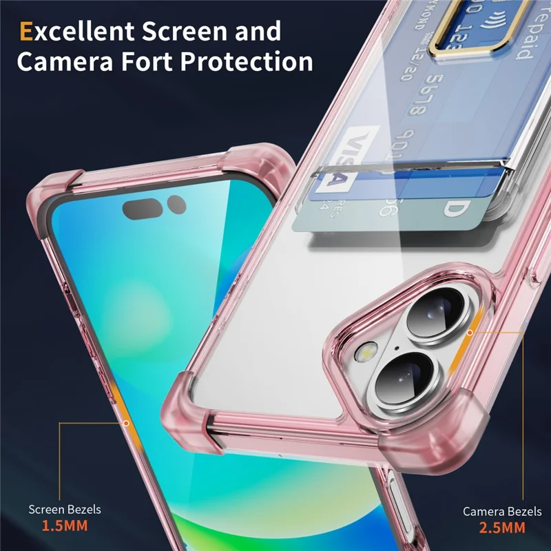 For iPhone 16 Plus Case Reinforced Corners TPU + Acrylic Phone Cover with Kickstand Card Holder - Transparent Pink