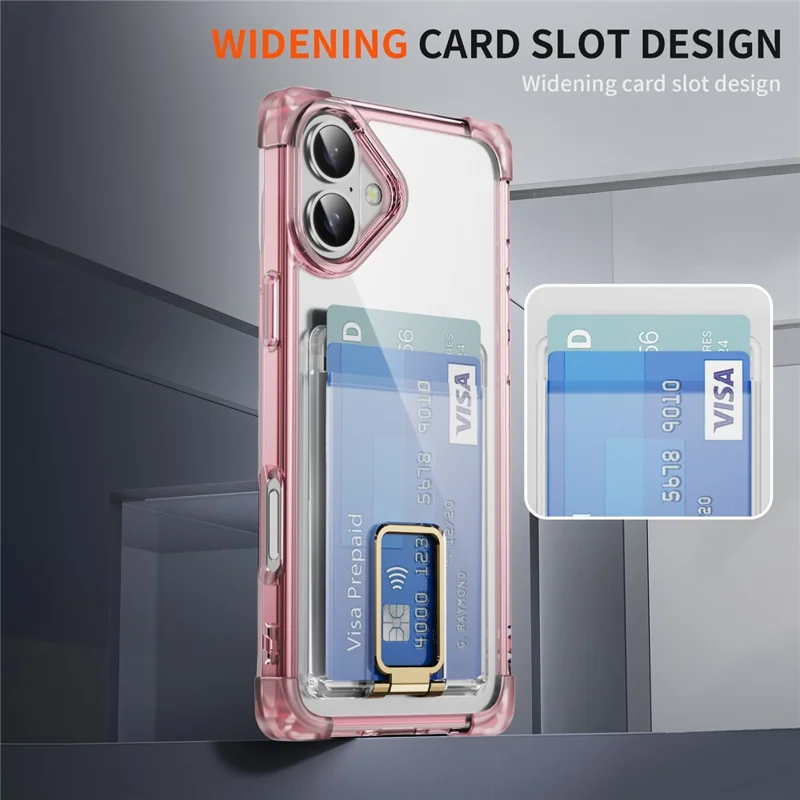 For iPhone 16 Plus Case Reinforced Corners TPU + Acrylic Phone Cover with Kickstand Card Holder - Transparent Pink