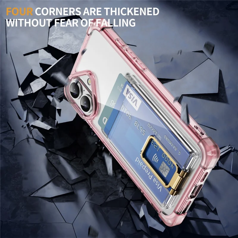 For iPhone 16 Plus Case Reinforced Corners TPU + Acrylic Phone Cover with Kickstand Card Holder - Transparent Pink