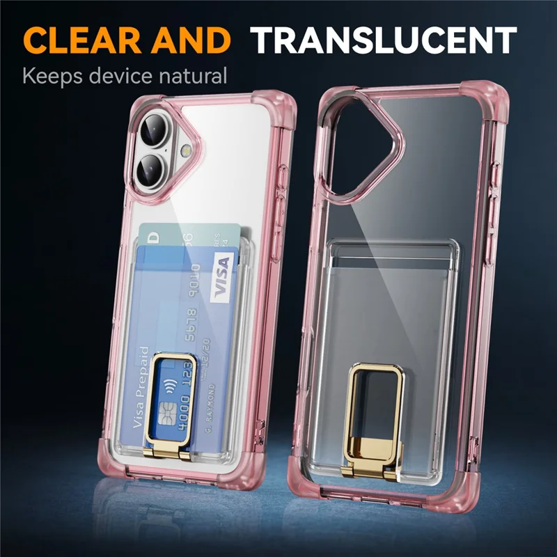 For iPhone 16 Plus Case Reinforced Corners TPU + Acrylic Phone Cover with Kickstand Card Holder - Transparent Pink