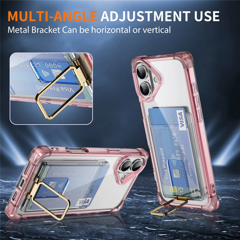 For iPhone 16 Plus Case Reinforced Corners TPU + Acrylic Phone Cover with Kickstand Card Holder - Transparent Pink