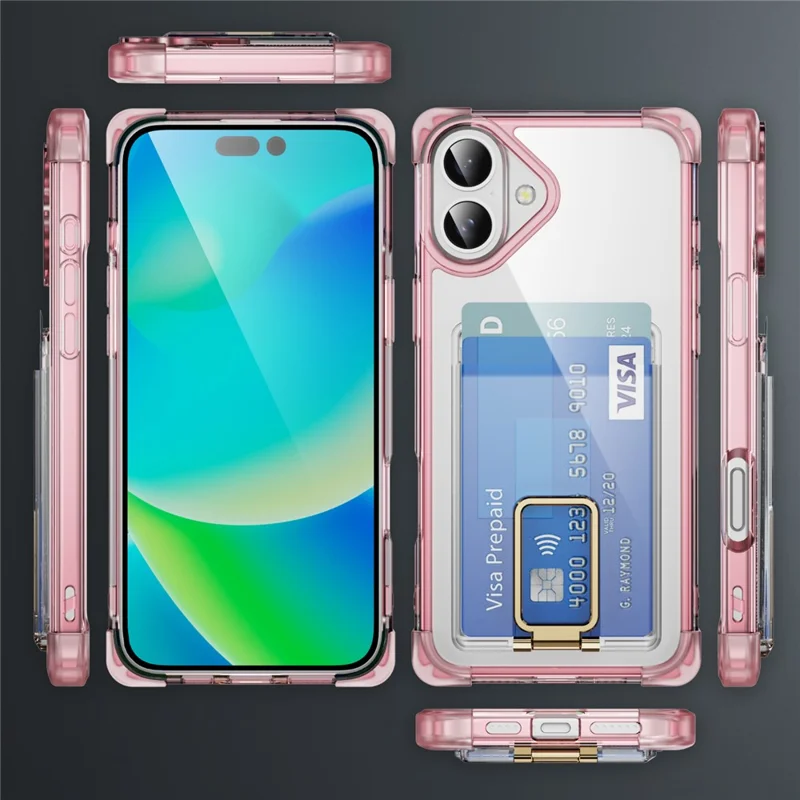 For iPhone 16 Plus Case Reinforced Corners TPU + Acrylic Phone Cover with Kickstand Card Holder - Transparent Pink