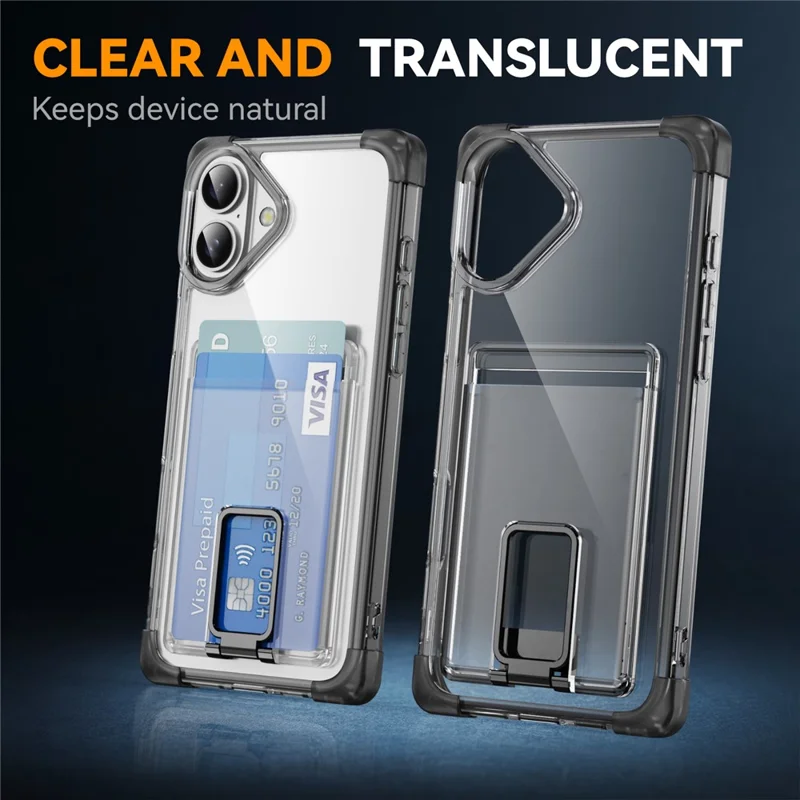 Per iPhone 16 Custodia Angoli rinforzati TPU + Custodia in acrilico con supporto e porta carte - Trasparente Nero