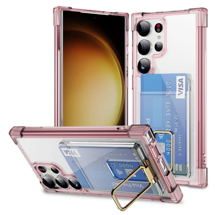 For Samsung Galaxy S24 Ultra Case Reinforced Corners TPU + Acrylic Phone Cover with Kickstand Card Holder - Transparent Pink