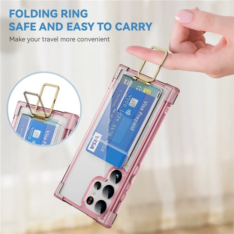 For Samsung Galaxy S24 Ultra Case Reinforced Corners TPU + Acrylic Phone Cover with Kickstand Card Holder - Transparent Pink