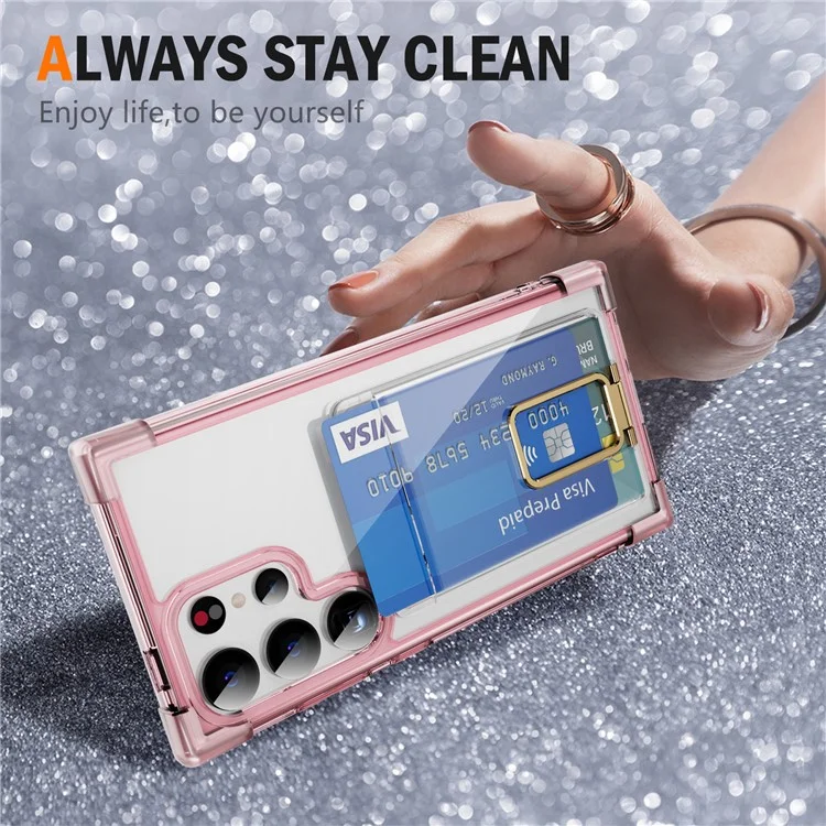 For Samsung Galaxy S24 Ultra Case Reinforced Corners TPU + Acrylic Phone Cover with Kickstand Card Holder - Transparent Pink