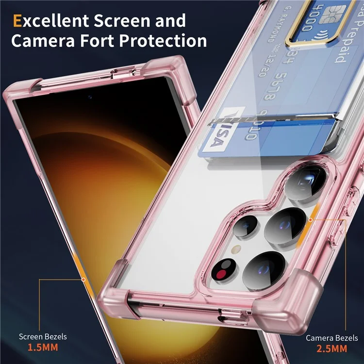 For Samsung Galaxy S24 Ultra Case Reinforced Corners TPU + Acrylic Phone Cover with Kickstand Card Holder - Transparent Pink