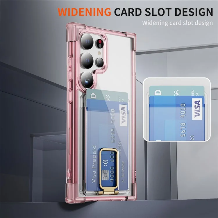 For Samsung Galaxy S24 Ultra Case Reinforced Corners TPU + Acrylic Phone Cover with Kickstand Card Holder - Transparent Pink