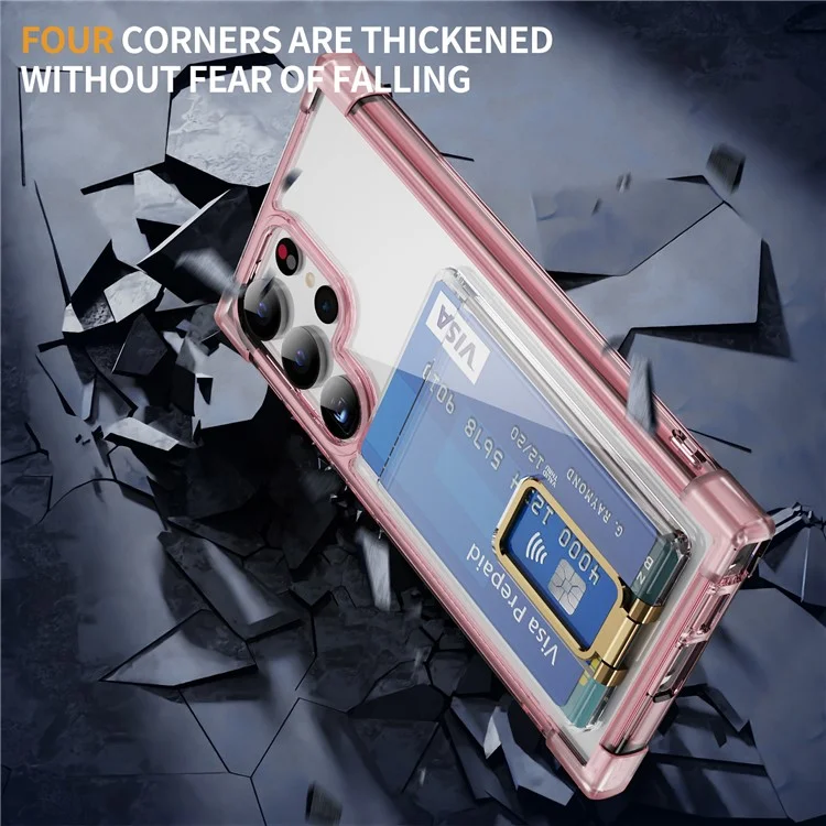 For Samsung Galaxy S24 Ultra Case Reinforced Corners TPU + Acrylic Phone Cover with Kickstand Card Holder - Transparent Pink